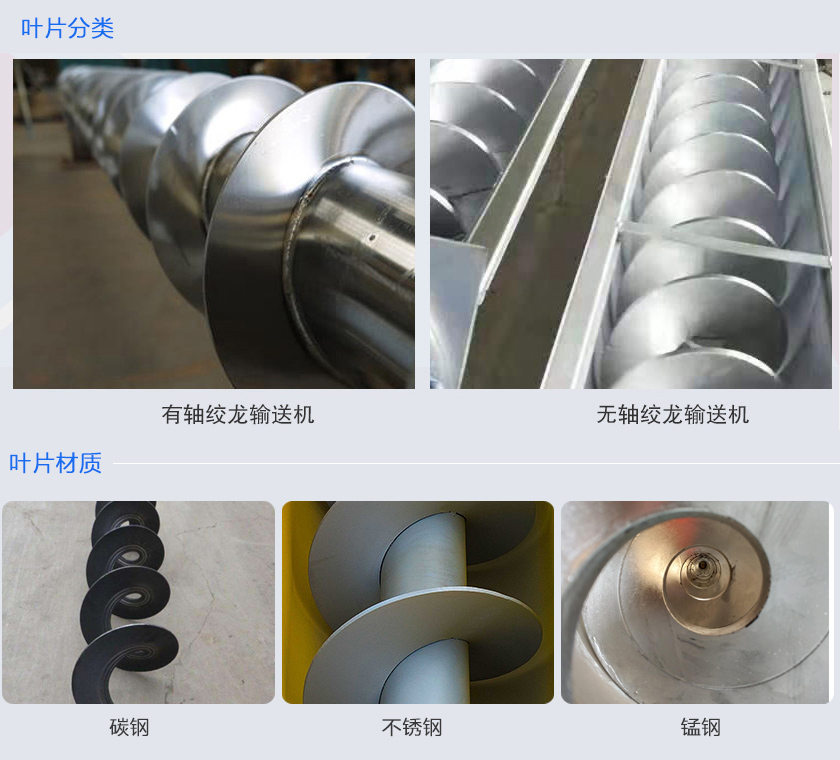絞龍輸送機(jī)分為有軸和無軸絞龍輸送機(jī)，可根據(jù)物料不同選擇有碳鋼、不銹鋼、錳鋼等材質(zhì)。