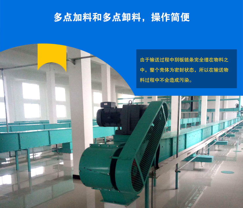 埋刮板輸送機(jī)可多點(diǎn)加料、卸料，輸送距離長(zhǎng)